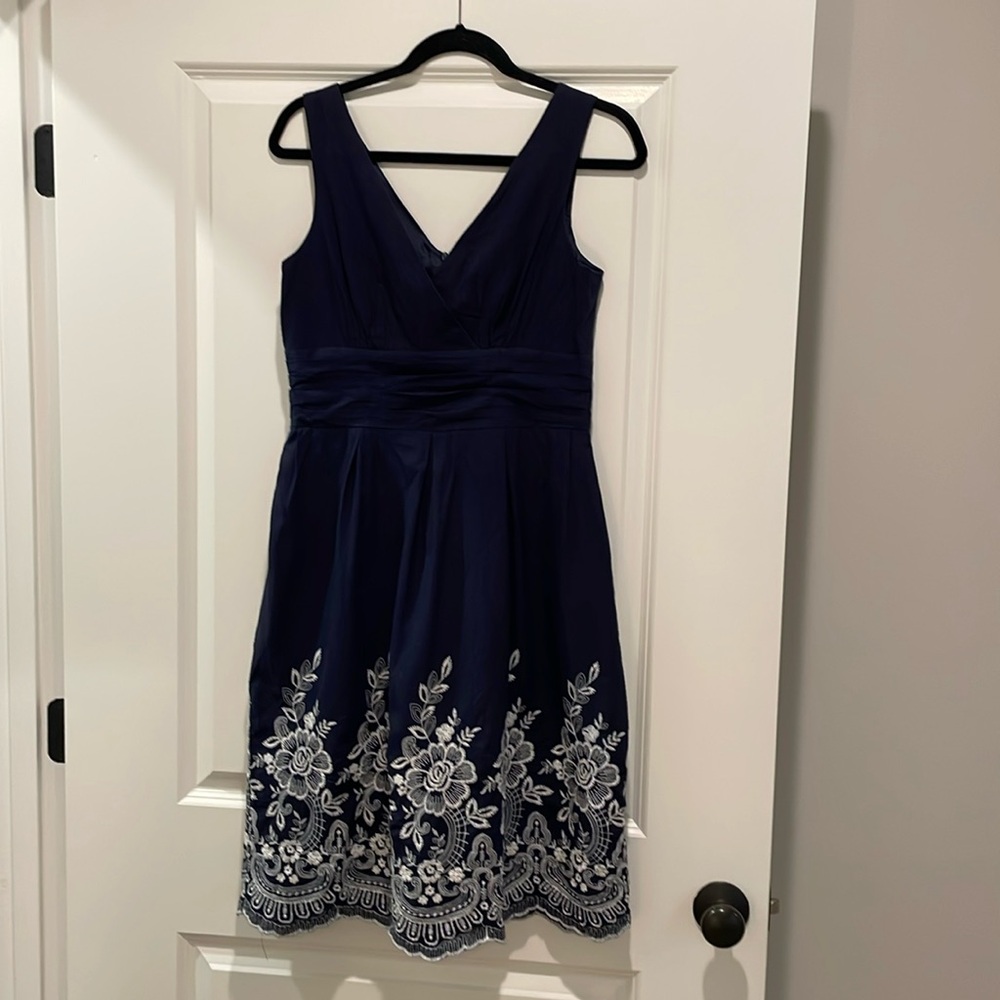 Connected Apparel Navy Dress with White Floral Embroidery